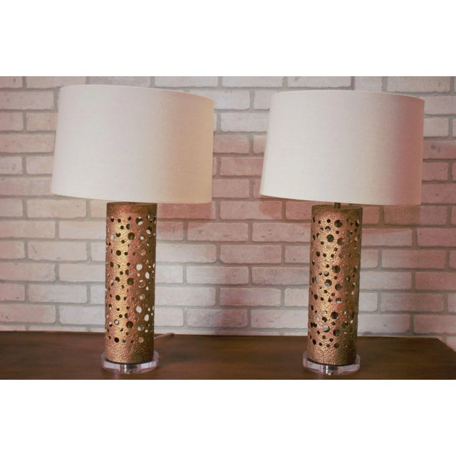 Brutalist Shasta Brass and Lucite Table Lamps With Shades - Pair For Sale - Image 10 of 10