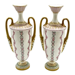 Early 20th Century Royal Worcester Transitional Neoclassical Style Vases - a Pair