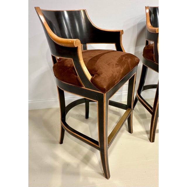 Modern Pair of Gregorius- Pineo Two-Tone Ebonized & Natural Wood Bar Stools With Brown Ultrasuede For Sale - Image 3 of 12