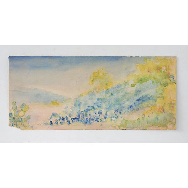 Small antique circa 1910 watercolor on paper landscape with cactus and bluebonnets painting. Unsigned. Unframed, age...