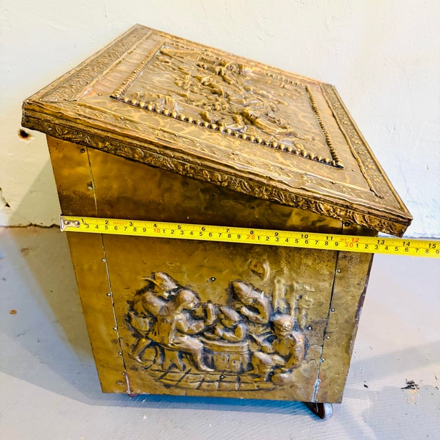 19th-Century Style English Repoussé Brass Fireside Coal & Kindling Box on Casters For Sale - Image 10 of 12