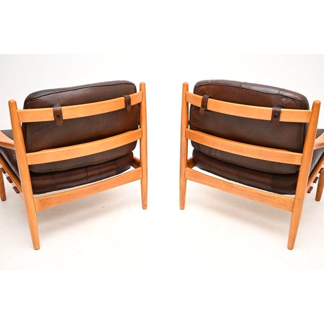 1960s Vintage Swedish Leather and Birch Lounge Chairs attributed to Ingemar Thillmark for Ope, 1960s, Set of 2 For Sale - Image 5 of 11