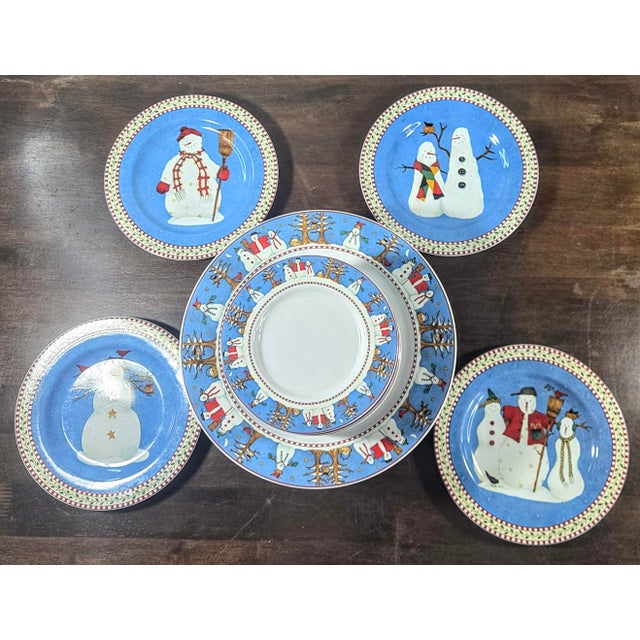 Farmhouse Vintage Debbie Mumm Snowman Holiday China- Set of 20 For Sale - Image 3 of 18