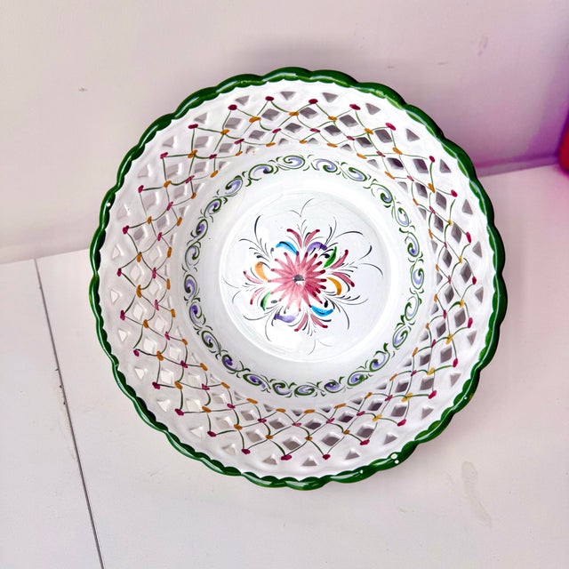 Shabby Chic Hand Painted Floral Cut Out Portuguese Pottery Bowl For Sale - Image 3 of 6
