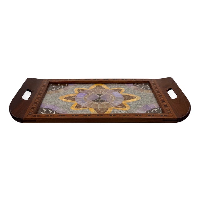 Mid-Century Modern Inlaid Wood and Butterfly Wing Tray, Brazil, 1950s For Sale