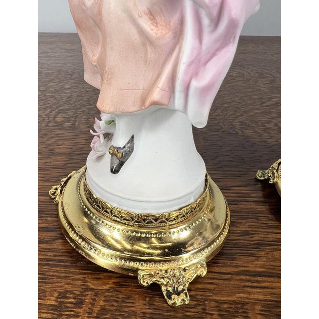 Vintage French Style Porcelain Figurines on Brass Stands, Set of 2 For Sale - Image 9 of 10