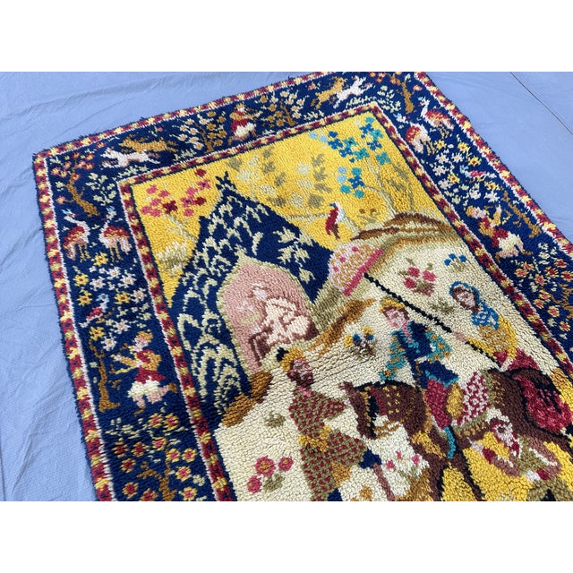 Gold & Navy Pictorial Hunting Scene Hand-Knotted Wool Rug - 3'1" X 4'6" For Sale - Image 4 of 10