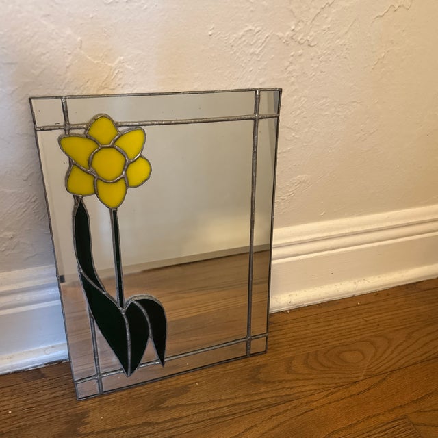 Vintage Stained Glass Daffodil Mirror- meant to be on an easel or against a wall- no hanging mechanism on back of mirror.