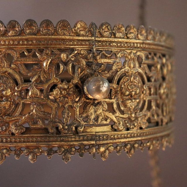 Late 19th Century Victorian Brass, Bronze & Crystal Chandelier With Peachblow Hobnail Glass Shade For Sale - Image 15 of 17