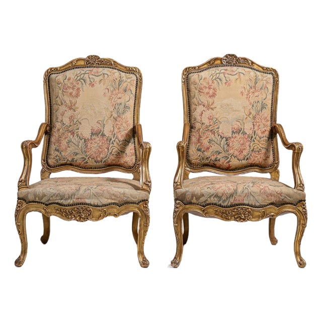Pair of Louis XV Giltwood Armchairs with Tapestry Upholstery, Rococo Style, France, 19th Century For Sale