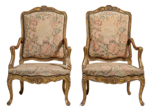 Pair of Louis XV Giltwood Armchairs with Tapestry Upholstery, Rococo Style, France, 19th Century