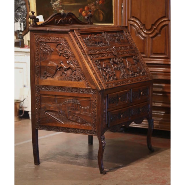 19th Century French Louis XV Carved Oak Secrétaire With Figural Scenes For Sale - Image 11 of 13