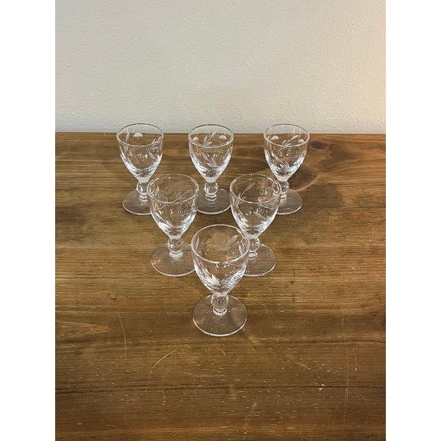 Vintage Etched Leaf Motif Cordial Glasses 3” Tall - Set of 6 For Sale - Image 9 of 11