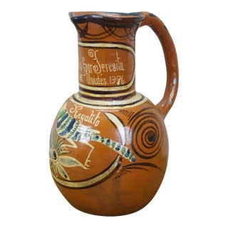 1976 Mexican Folk Art Terracotta Pulque Agave Bird Pitcher Water Jar 14" For Sale
