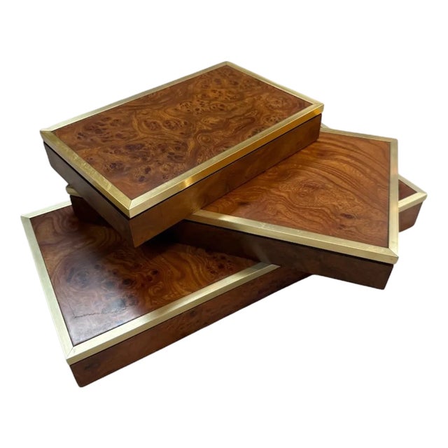 1960s Dal Negro Treviso Burl Wood and Brass Playing Card Boxes – Set of Three For Sale