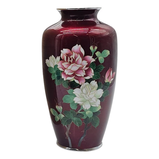 Ando Jubei Japanese Cloisonné Vase in Pigeon Blood Red With Peonies, Signed & Boxed For Sale