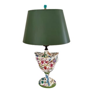 1980s Italian Botanical Painted Ceramic Urn Table Lamp With Lion Masks & Turquoise Finial Neoclassical For Sale