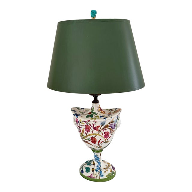 1980s Italian Botanical Painted Ceramic Urn Table Lamp With Lion Masks & Turquoise Finial Neoclassical For Sale