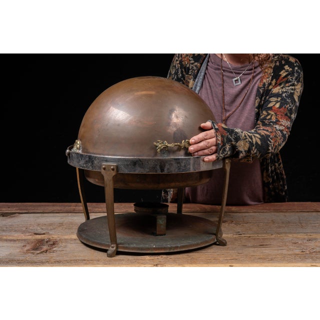 Set of four copper and nickel-plated rolltop chafer servers designed for buffet, banquet, hotel, or catering use. Each...