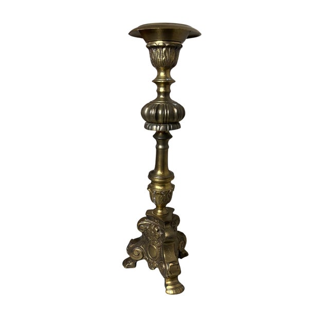Metal Gothic Church Antique Brass Candlestick – Chapel/Monastery Altar Candle Holder With Lion Paw Feet For Sale - Image 7 of 7