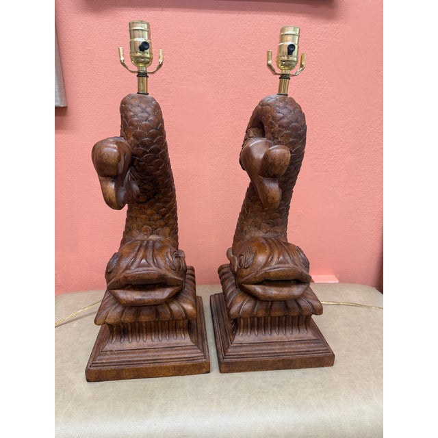 Brown Vintage Wood Koi/Dolphin Lamps, a Pair, Hand Carved, Mid 20th Century For Sale - Image 8 of 10