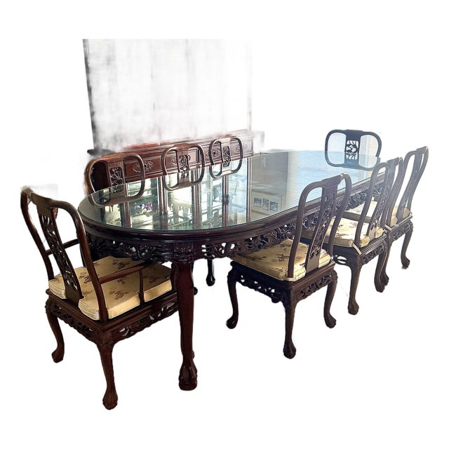 1980s Chinese Rosewood Carved Dining Set For Sale