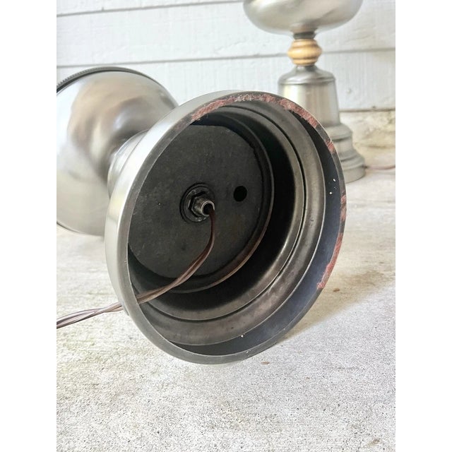 1960s Mid-Century Hollywood Regency-Style Wood & Gray Metal Leviton Lamps - a Pair For Sale - Image 9 of 10