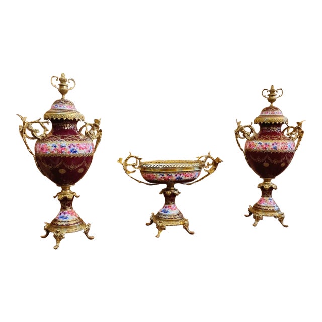 Louis XV Style Porcelain Garniture Set With Decorative Centerpiece & Matching Floral Vases – 3 Pieces For Sale
