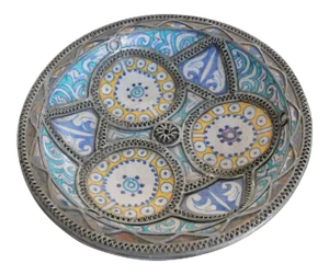 Moorish Moroccan Ceramic Bowl Adorned with Silver Filigree from Fez
