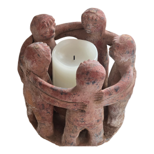 Mid-Century Folk Art Clay Candle Holder With Five Figures in a Circle