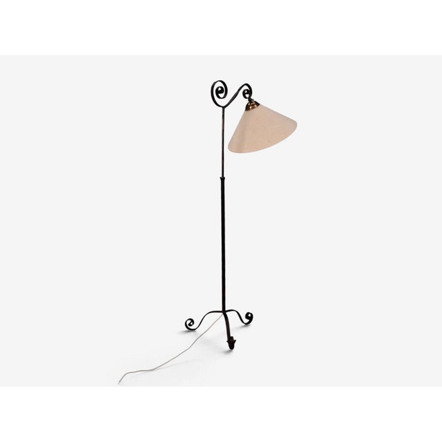 Mid-Century Modern 1950s Swedish Modern Forged Iron, Fabric, Brass Floor Lamp For Sale - Image 3 of 11