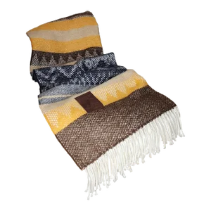 Peruvian Handwoven Alpaca & Lamb’s Wool Throw With Geometric Weave in Golden Ochre & Indigo