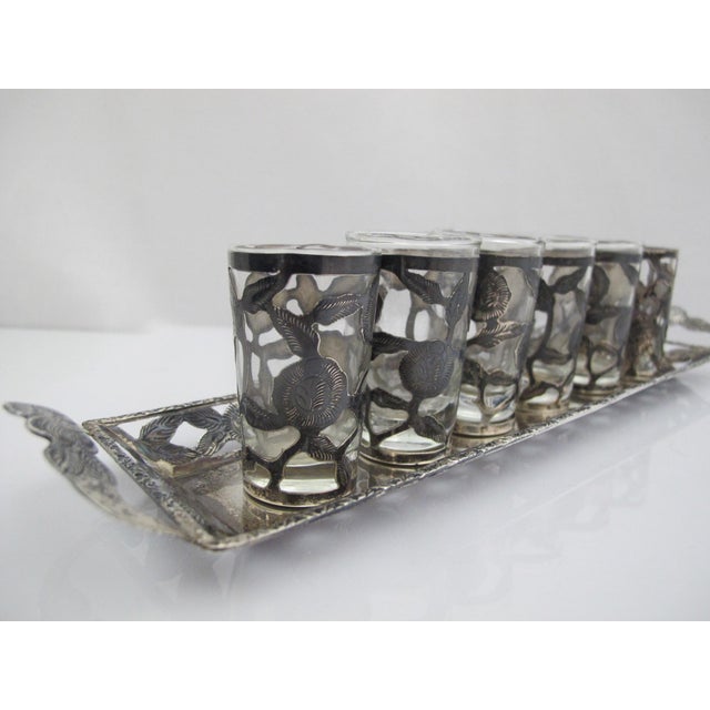 Mexican Sterling Silver Floral Overlay Cordial Shot Glass Set With Tray For Sale - Image 4 of 11