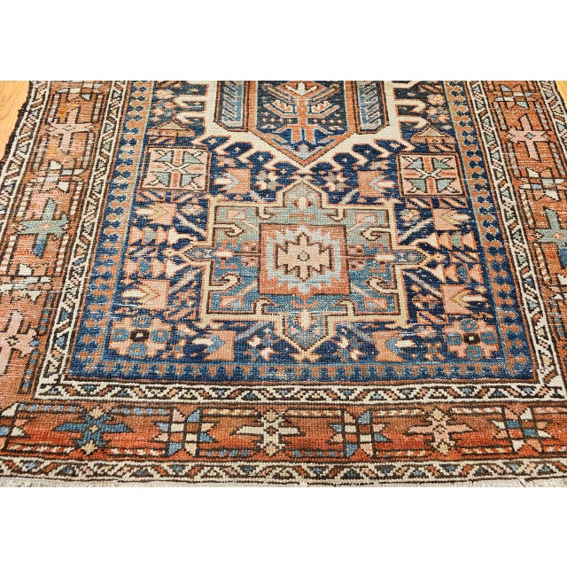 19th Century Heriz Karajeh Rug, Hand-Knotted Wool, Geometric Pattern, Blue & Green, 4x5 For Sale - Image 11 of 16