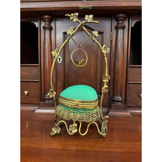 Art Nouveau Antique French Uranium Opaline Egg Casket in Gilt Nest and Ivy Canopy Stand, Palais-Royal Taste For Sale - Image 3 of 15