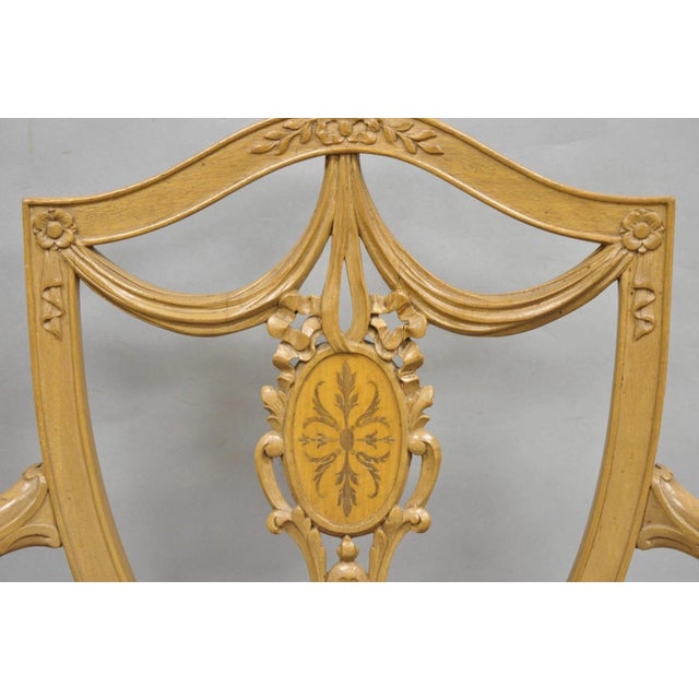 Late 20th Century Hepplewhite Prince of Wales Drape Carved Shield Back Dining Arm Chairs - A Pair For Sale - Image 9 of 14