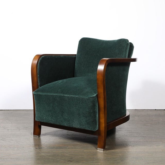 Pair of Art Deco Walnut Armchairs in Eucalyptus Mohair Velvet W/ Nickel Sabots For Sale - Image 15 of 18