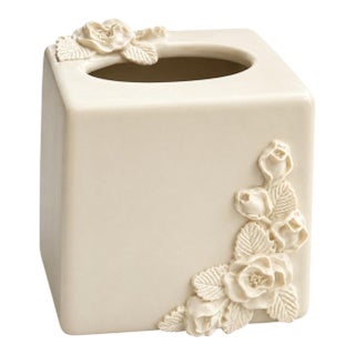 Mid 20th Century White Ceramic Floral Tissue Box Cover With 3d Relief For Sale