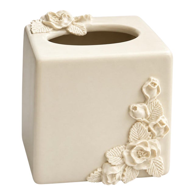 Mid 20th Century White Ceramic Floral Tissue Box Cover With 3d Relief For Sale