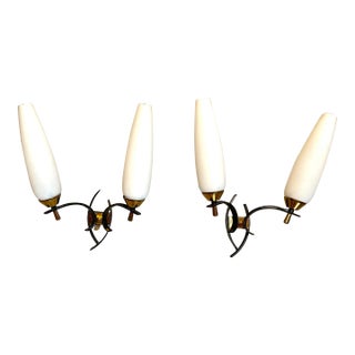 Maison Arlus Black and Brass Sconces With White Opaline, Mid-Century France - a Pair For Sale