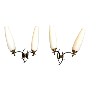 Maison Arlus Black and Brass Sconces With White Opaline, Mid-Century France - a Pair