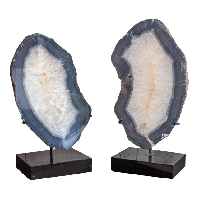 Late 20th Century Pair Large Polished Agate on Stands For Sale