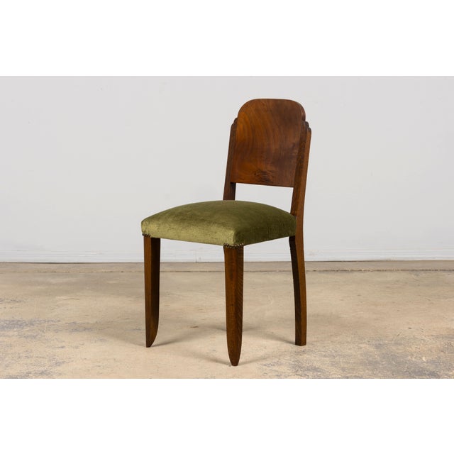 Wood Set of 6 French Art Deco Walnut Dining Chairs in Olive Green Velvet, 1930s For Sale - Image 7 of 18