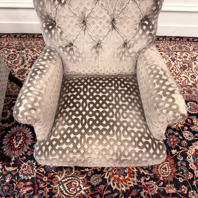 Chesterfield Armchairs in Gray Pattern Velvet, Set of 2 For Sale - Image 12 of 14