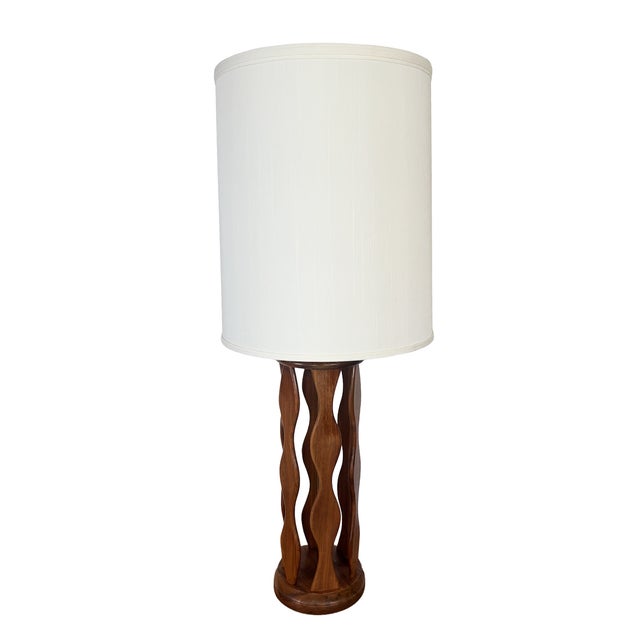 Brown Mid-Century Modern Modeline Style Wavy Sculptural Walnut Ribbon Table Lamp With Drum Shade For Sale - Image 8 of 12