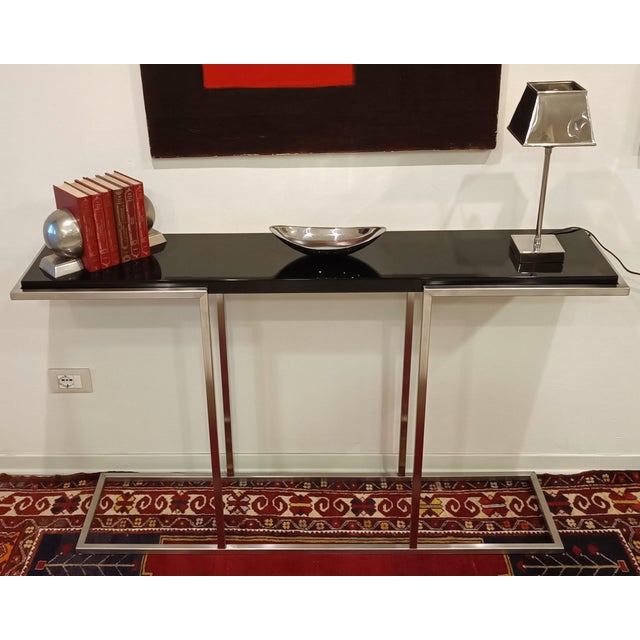 Console in Satin Steel with Glossy Black Top, 2000s For Sale - Image 4 of 9