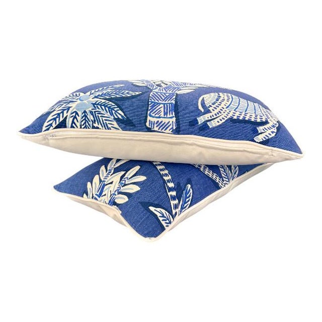 2020s Lumbar Pillow Pair – Thibaut Goa Fabric With Sunbrella Contrast Welt & Back For Sale - Image 5 of 8