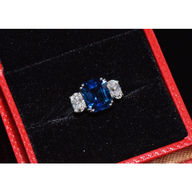 Gia Certified Natural 5.11cts VVS F Diamond Royal Blue Sapphire 950 Platinum 3 Stone Ring, Size 6.75 For Sale - Image 9 of 12