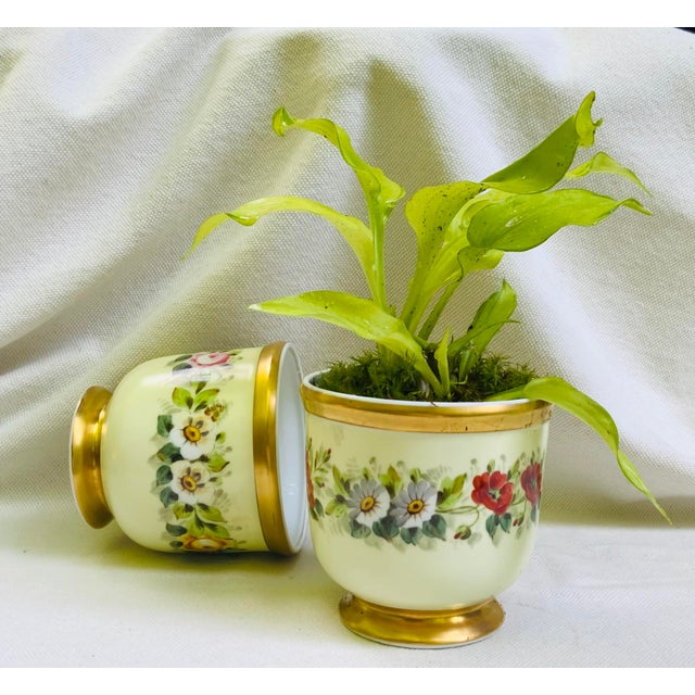 Vintage Hand-Painted Porcelain Cachepots, Floral With Gilt Rim - A Pair For Sale - Image 16 of 18