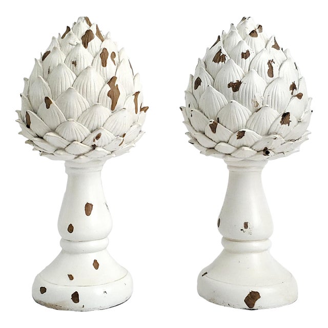 Sculptures Distressed Artichoke Finials Pair For Sale